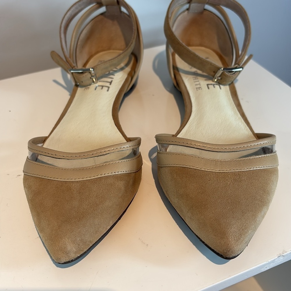 Ron White tan suede pointed flats with ankle strap size 6.5